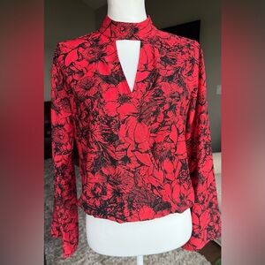 Allison Joy XS Vibrant Red and Black Long Sleeve Mock Neck Floral Blouse